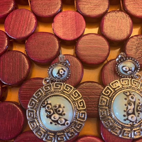 Hand painted Grecian symbol turquoise earrings - Picture 2 of 4